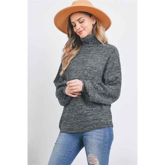 TURTLENECK MELANGE BALLOON SLEEVE SWEATER- BLACK - Picture 6 of 9